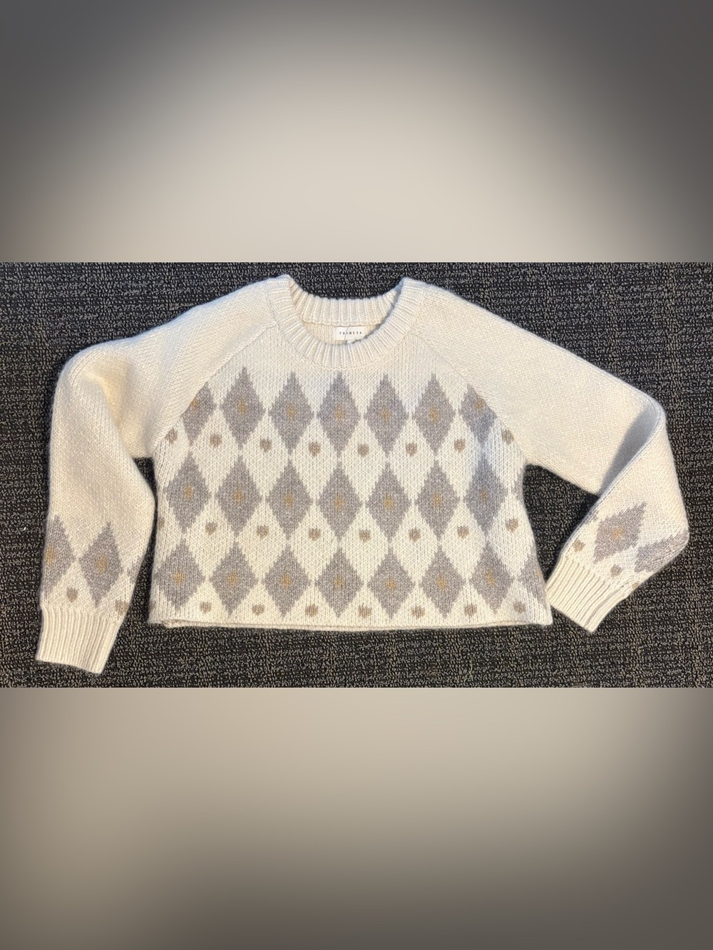 Promesa Cream Argyle Crewneck Sweater with Gray Accents wool blend